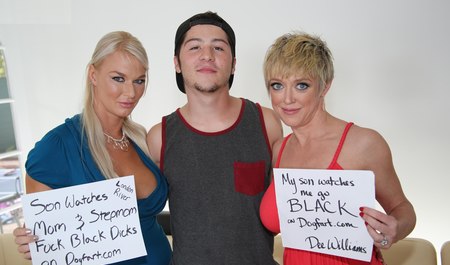 Dwie czarne dziewczyny ruchają się z mamuśkami dużymi kutasami na oczach chłopaka z okolicy