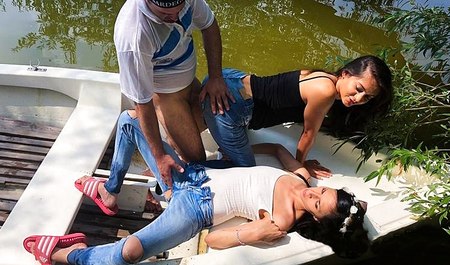 Dziewczyny jeżdżą z facetem z Detroit wzdłuż rzeki i uprawiają seks grupowy na świeżym powietrzu